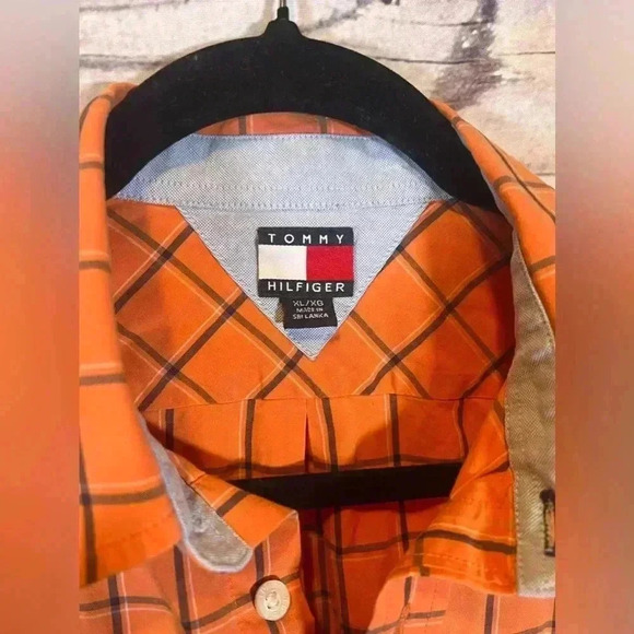 Tommy Hilfiger Orange Plaid Short Sleeve Polo Button Up - Picture 2 of 7